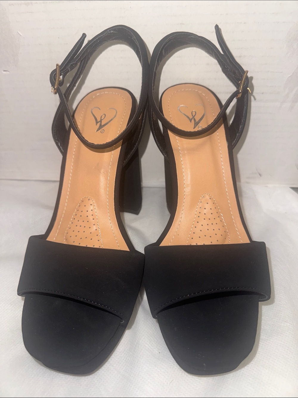 Black Open-Toe Block Heel Slingbacks with Gold Buckle